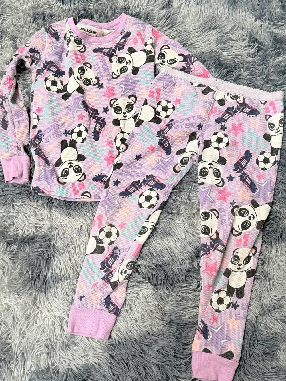 Joe Boxer thermal pajama set Lilac whimsical Panda & Soccer Print girls 5T